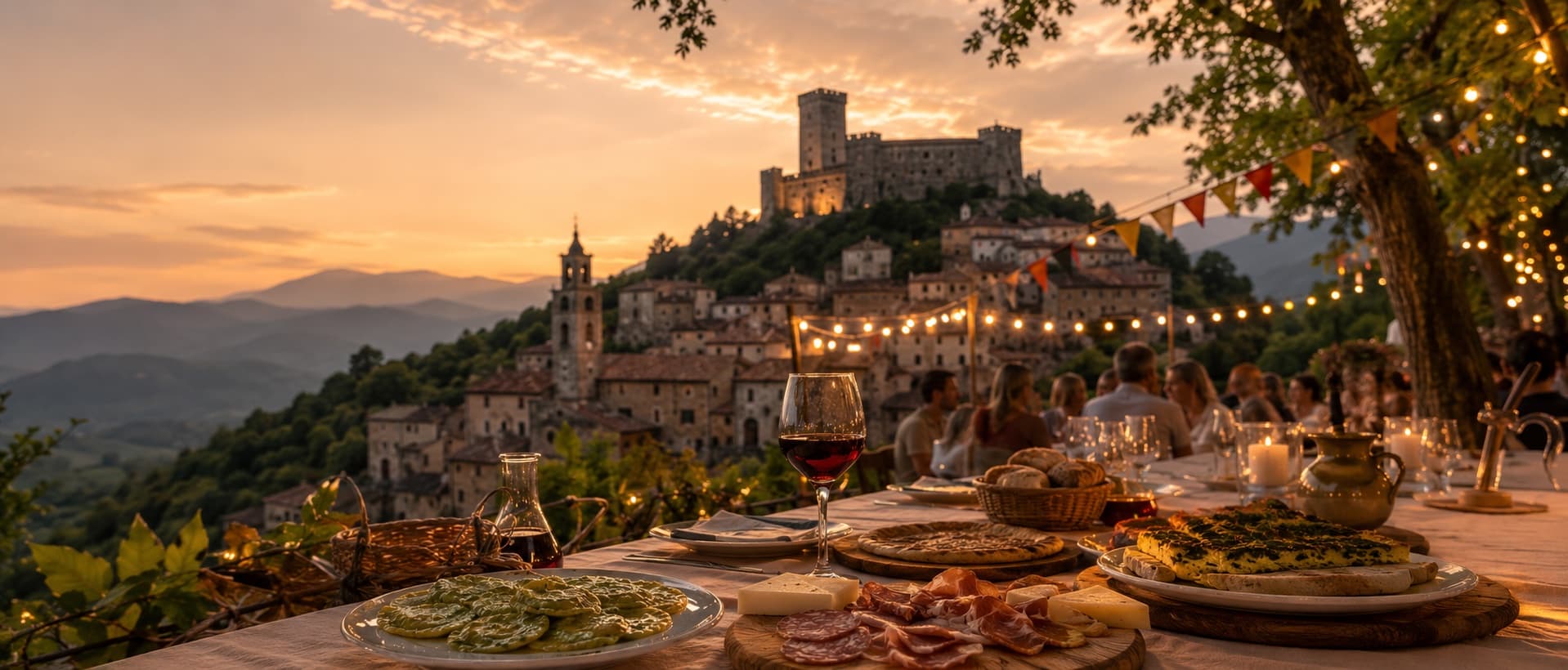 Tavolata di una sagra al tramonto in un borgo della Lunigiana, castello sullo sfondo e testaroli al pesto in primo piano